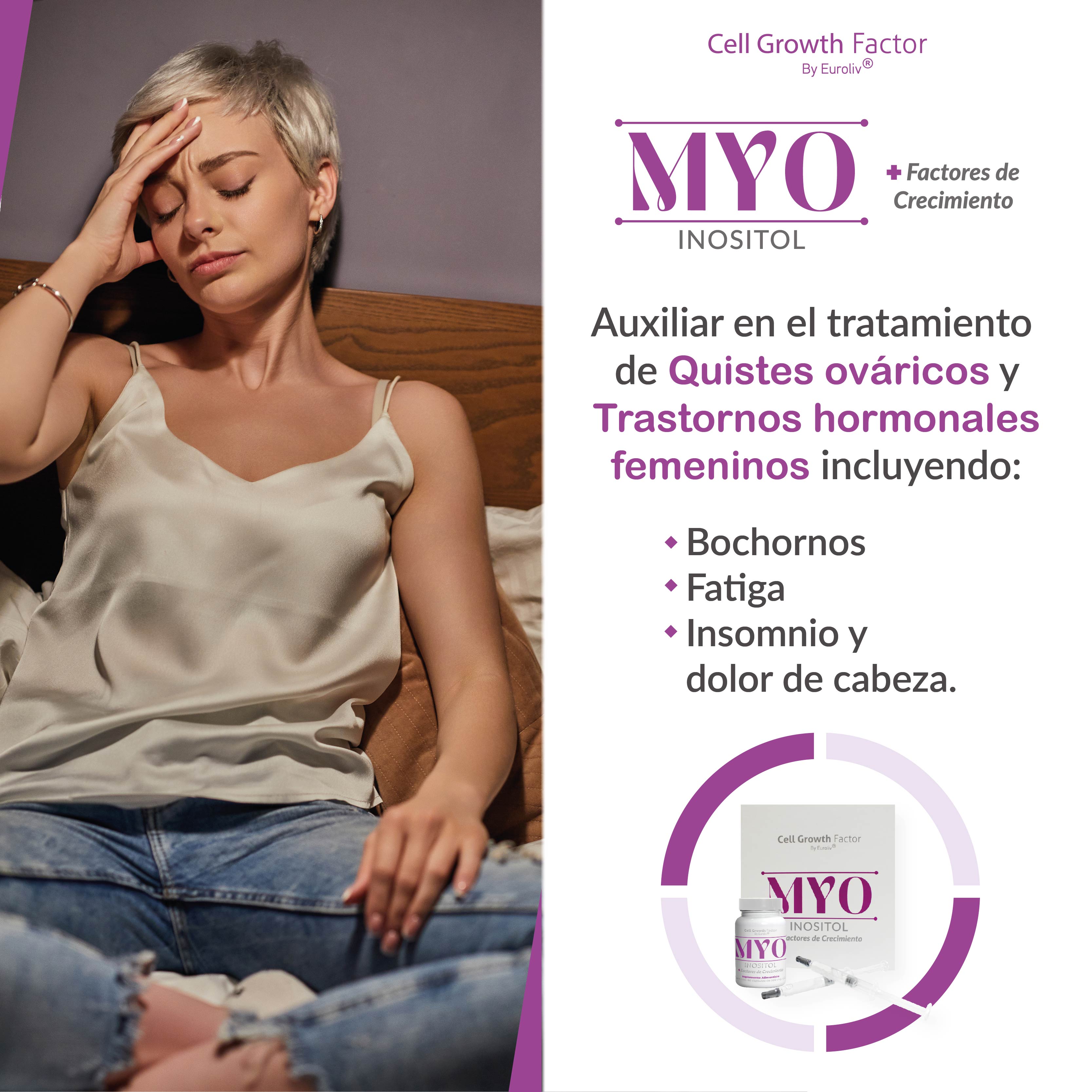 MYO Inositol para el Tratamiento de Sindrome de Ovario Poliquístico (SOP) - Trastornos Hormonales Femeninos - Menstruacion Irregular, Acné, Dolor pélvico, Exceso de vello facial e Incremento de peso - Con Factores de Crecimiento