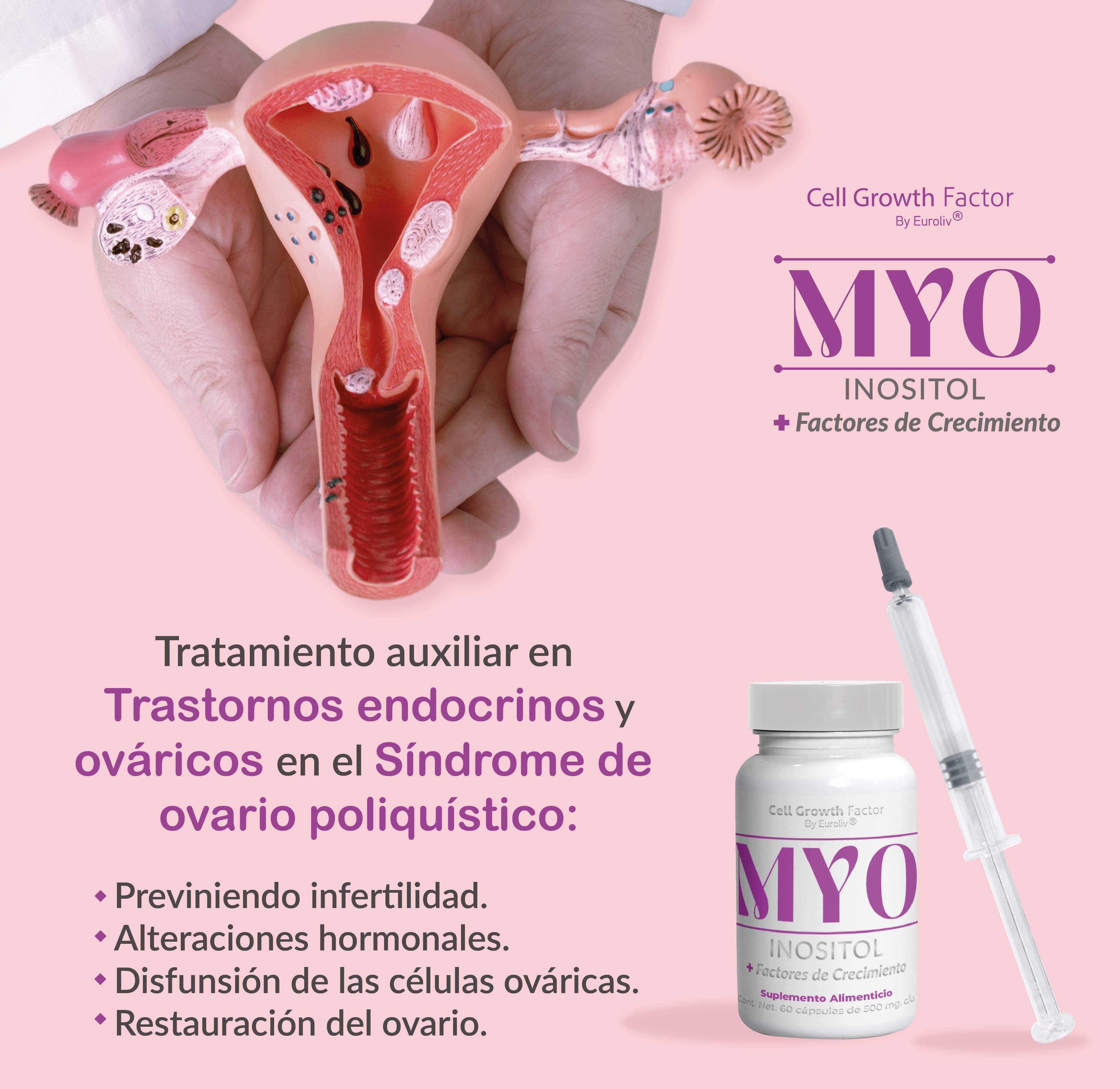 MYO Inositol para el Tratamiento de Sindrome de Ovario Poliquístico (SOP) - Trastornos Hormonales Femeninos - Menstruacion Irregular, Acné, Dolor pélvico, Exceso de vello facial e Incremento de peso - Con Factores de Crecimiento