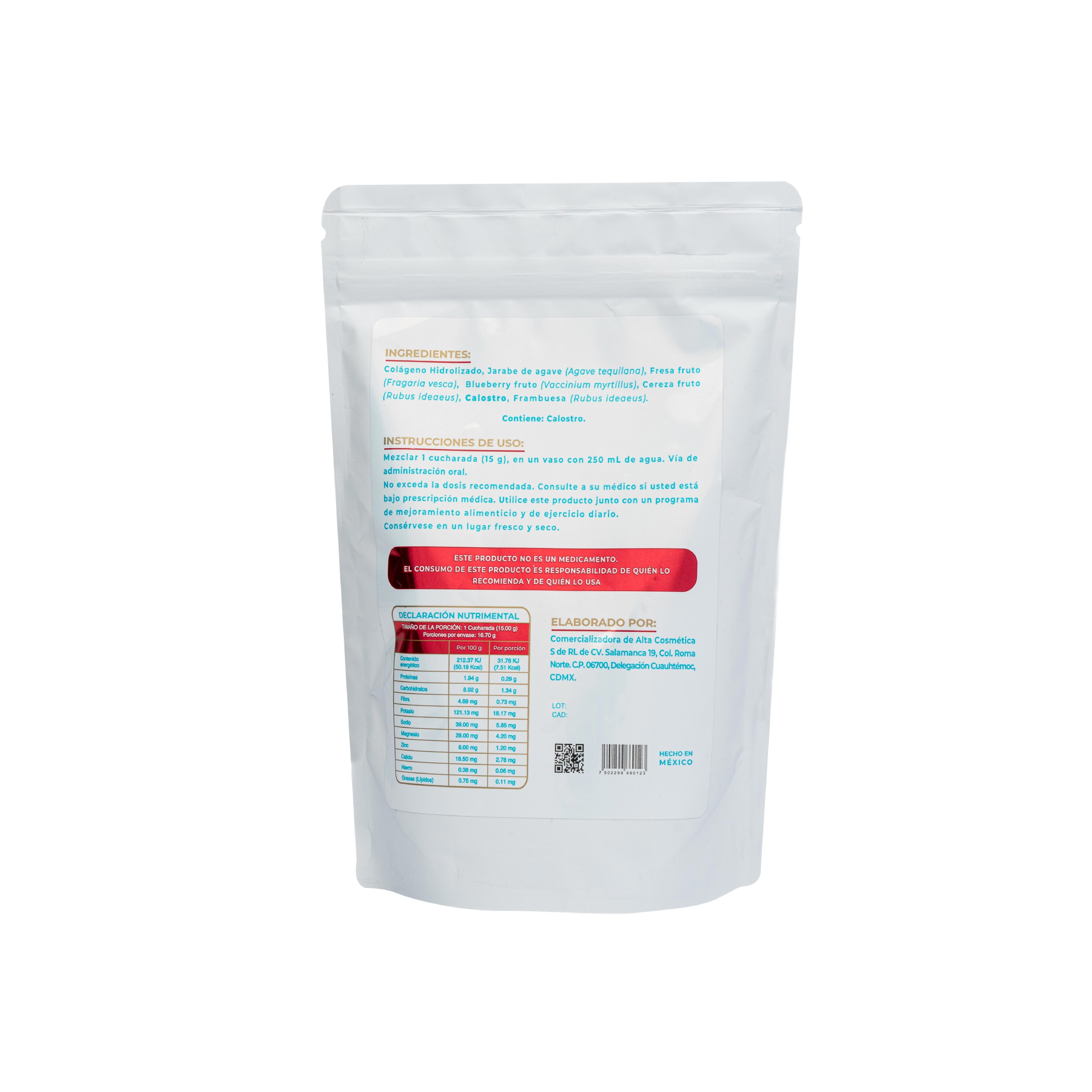 Suplemento alimenticio en polvo colágeno hidrolizado y calostro Red Fruit