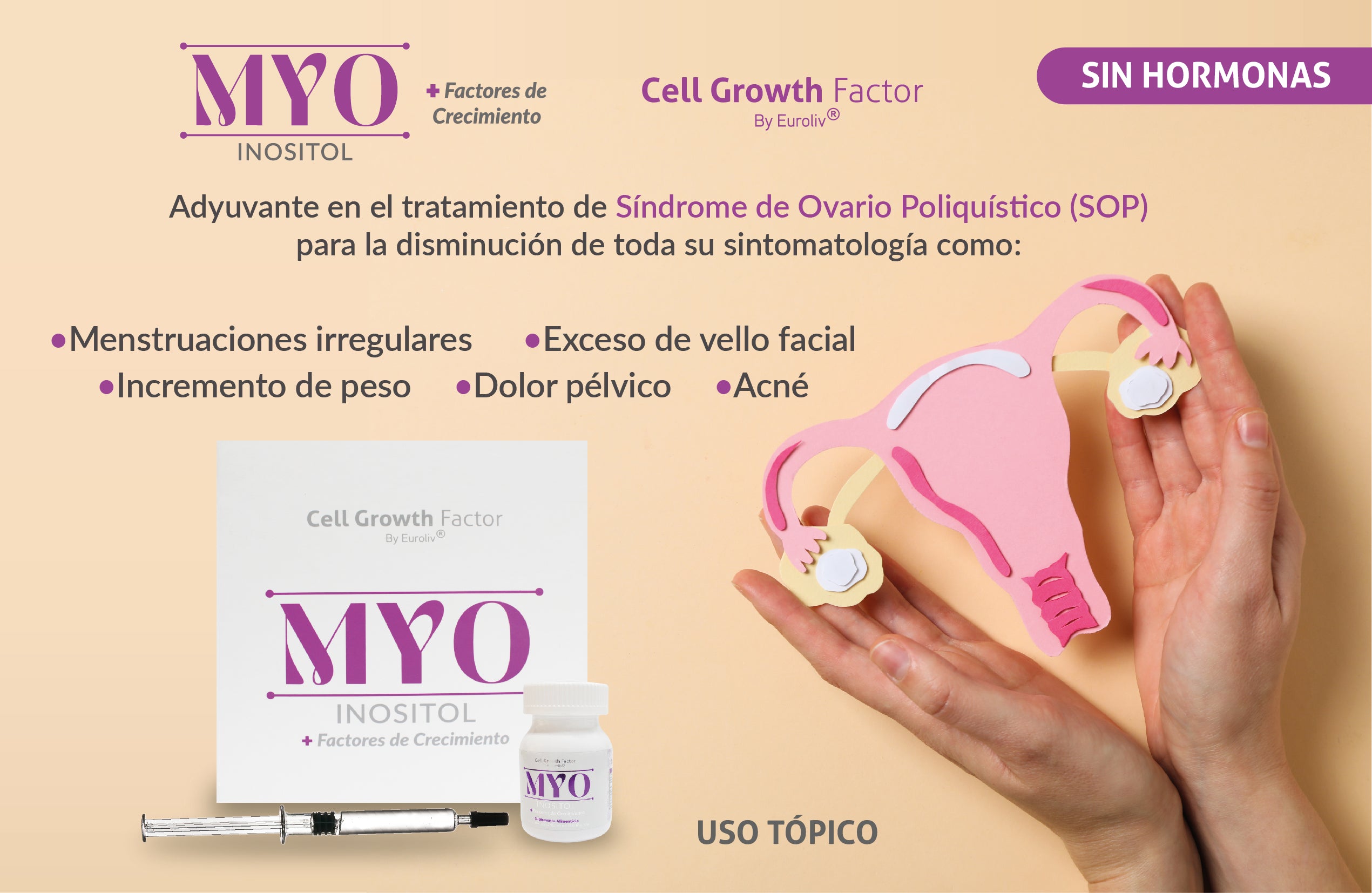 MYO Inositol para el Tratamiento de Sindrome de Ovario Poliquístico (SOP) - Trastornos Hormonales Femeninos - Menstruacion Irregular, Acné, Dolor pélvico, Exceso de vello facial e Incremento de peso - Con Factores de Crecimiento